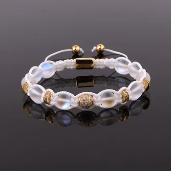 New Design Moonstone CZ Pave Ball Handmade Briaded Cord Adjustable Macrame Bracelet For Men Women