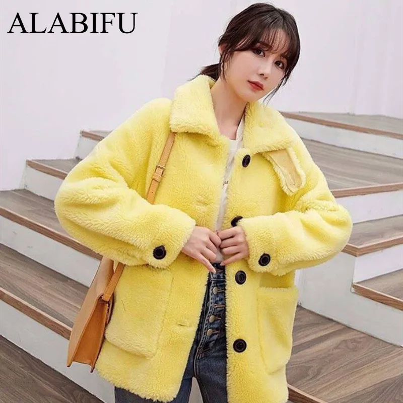 ALABIFU, осенне-зимняя куртка, Женское пальто, модное, повседневное, с карманами, из искусственного меха ягненка, верхняя одежда размера плюс, jaqueta feminina