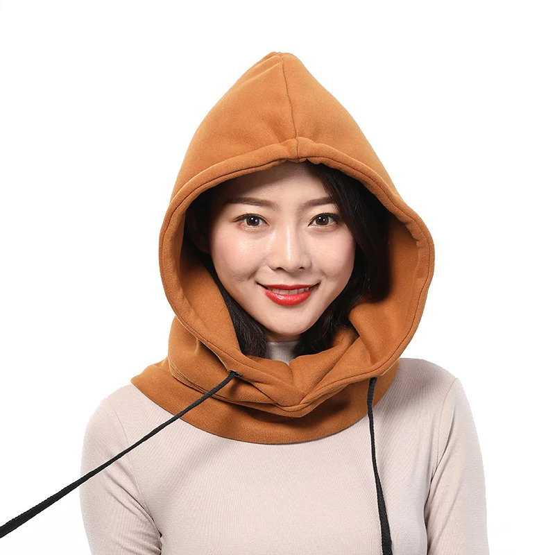 Women Winter Hooded Beanie Hat Thick Warm Cap Neck Collar Windproof Cotton Balaclava Solid Color 4