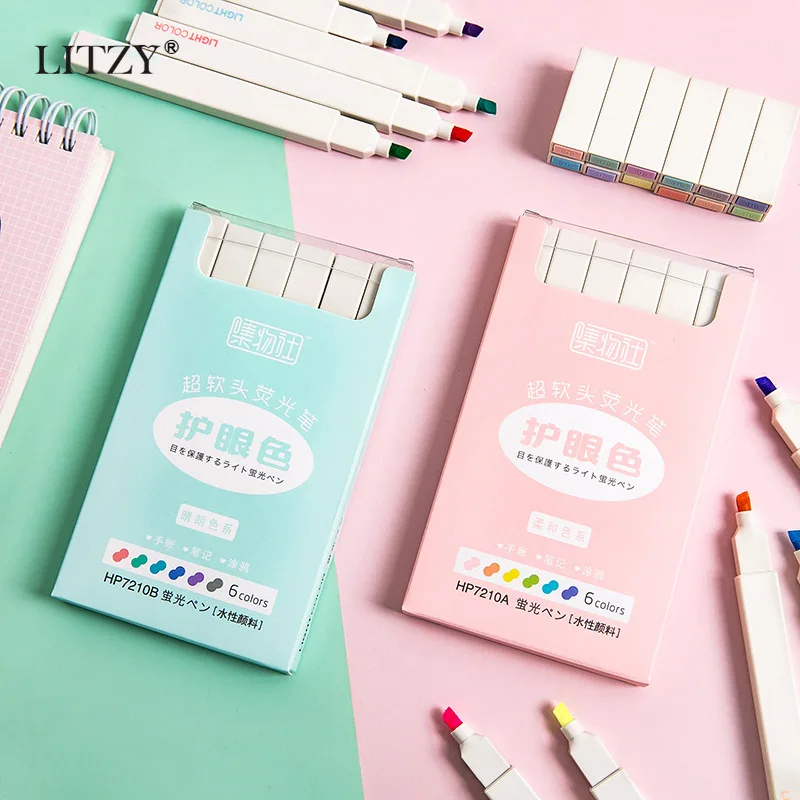 

6pcs/set Cute Soft Head Art Marker Pens for Colouring Creative Pastel Liquid Highlighter Pen School Stationery Supplies Gift