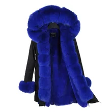 Натуральное меховое пальто Длинная парка натуральный большой Лисий меховой воротник Толстая теплая куртка с капюшоном Свободная верхняя одежда новая зимняя женская уличная одежда