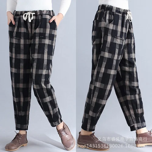 work pants Plaid Pants Women's Harem Pants Capris Loose High Waisted Trousers Female Oversize Summer Cotton Ankle-Length Pants for Women vuori joggers Pants & Capris