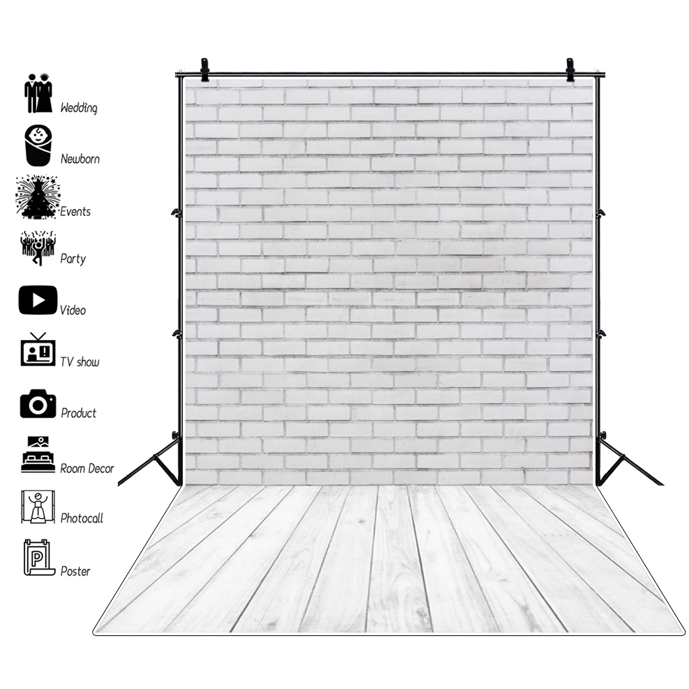 

Laeacco White Brick Wall Wooden Floor Photography Background For Photo Studio Baby Shower Pet Doll Backdrop Photozone Photophone