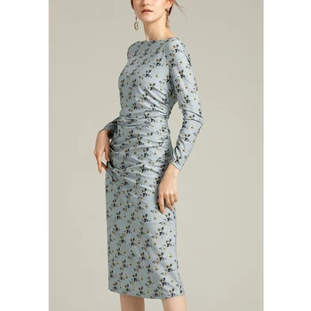 

2020 Spring European and American Fashion Floral Dress Printed Slim Dress French fu gu qun Long over-the-Knee