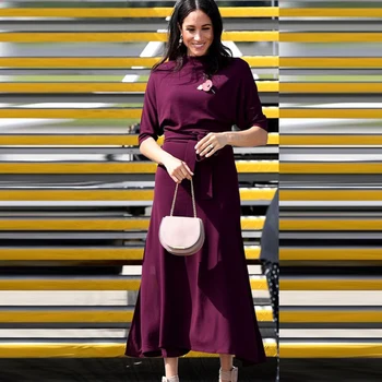 

Runway Princess Megan Spring / Summer New Mid-Sleeved Belts Elegant Temperament Slim Mid-Length Dress High Quality Women