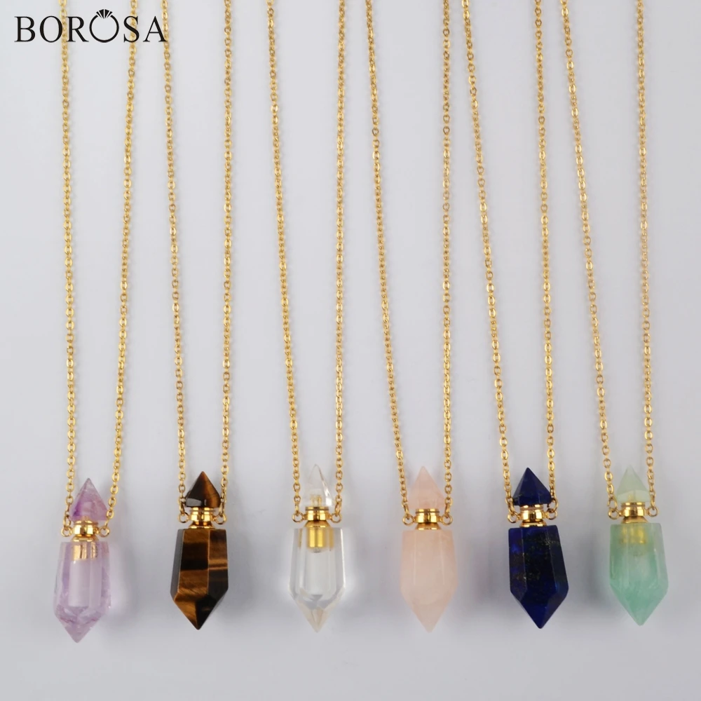 BOROSA 26inch Perfume Bottle Stainless Steel Necklace Natural Stone Essential Oil Diffuser Gold Jewelry G1942-N | Украшения и