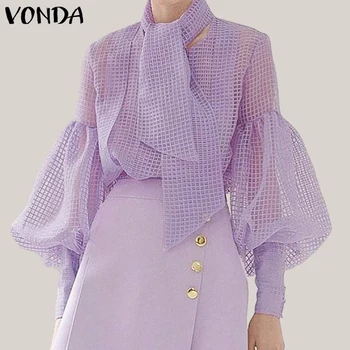 

VONDA Women Mesh Blouse Sexy Hollow Out Lantern Sleeve Tops Elegant Ladies Shirts With Scarf 2020 See Through Blusas Plus Size