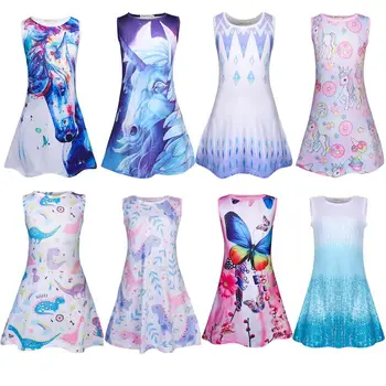 

Summer dress for girls unicorn dress girl chothes starry sky dinosaur butterfly pattern printing pony cartoon