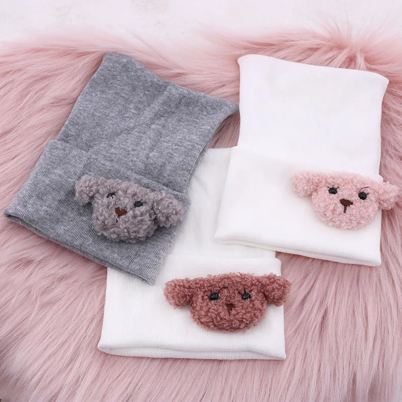 Cute Teddy Bear White Cotton Knitted Beanies Hat For Baby Girls Boys 0-4 Month Kids Childs Winter Hats Soft New Born Bonnet