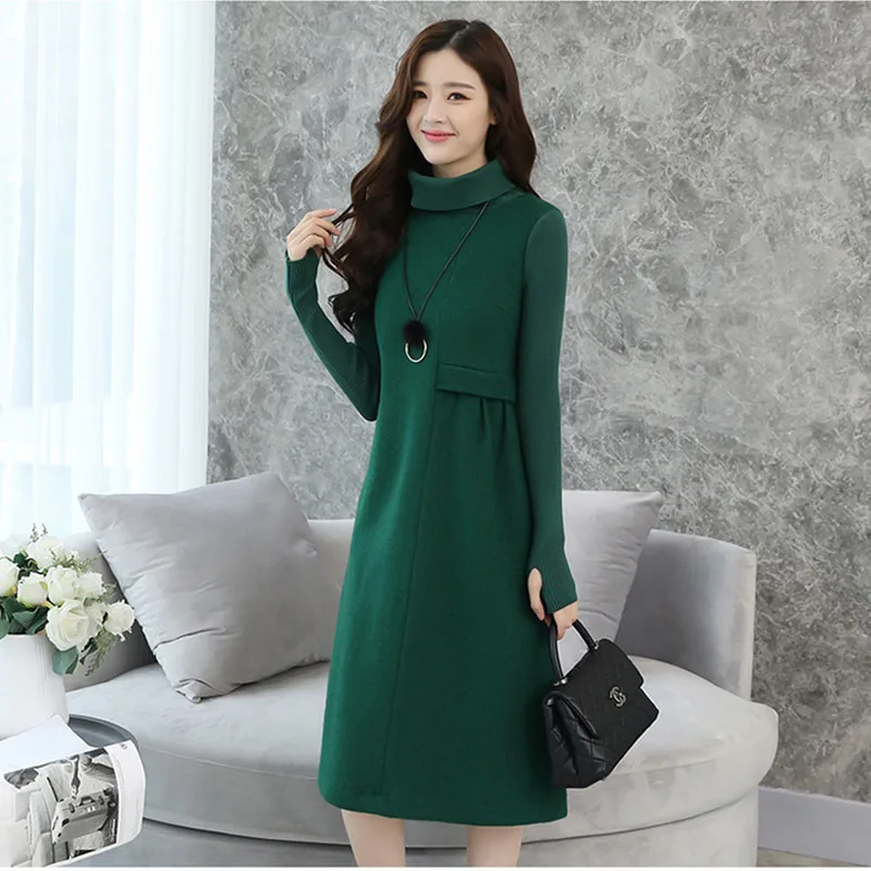 Шерстяное платье Женская осенне-зимняя одежда новая Корейская версия длинного темпераментного вязаного рукава с высоким воротником