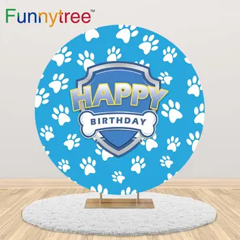 

Funnytree Round Photography Background Blue Dog Shield Paws Bone Boy Baby Shower Birthday Party Backdrop Table Cover Party Decor