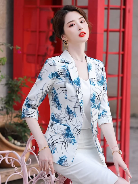 Printed Blazer Jacket Women 2021 Spring Summer New Korean Fashion Slim Temperament Short Casual Suit 2