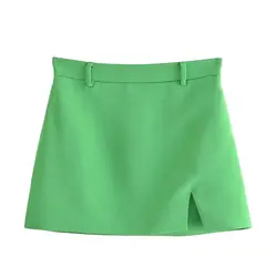 Green Short Skirts Slit Hem Woman Clothes Basic Style Skirt Y2k Women's Plain Skirt Mini High-waisted Clothing