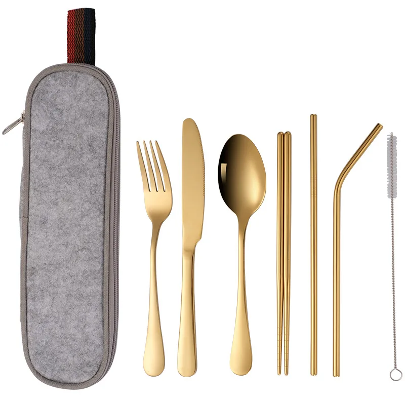 Stainless Steel Travel Tableware Set 7pcs Portable Creative Western Cutlery Knife Spoon Straw Set