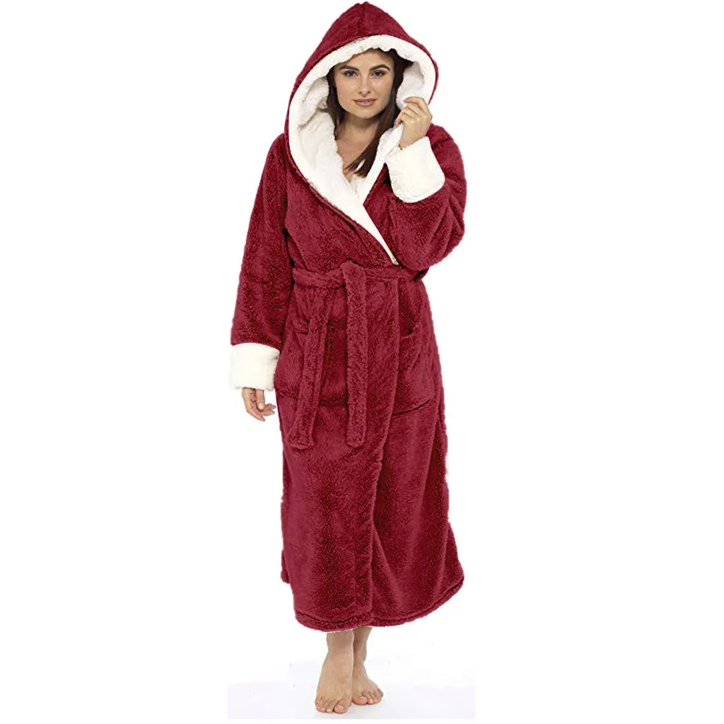 Winter Plush Lengthened Shawl Soft Bathrobe With Hood Women Nightgown Home Clothes Warm Bath Robes Dressing Gowns Robe Coat 12.5