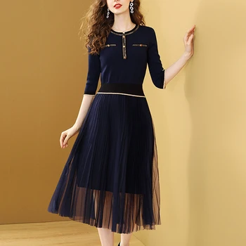 

Gedivoen Fashion Designer Solid Midi Dress Women Autumn 3/4 SLeeve Mesh Party Dress Elegant High Street A Line Dresses 2020