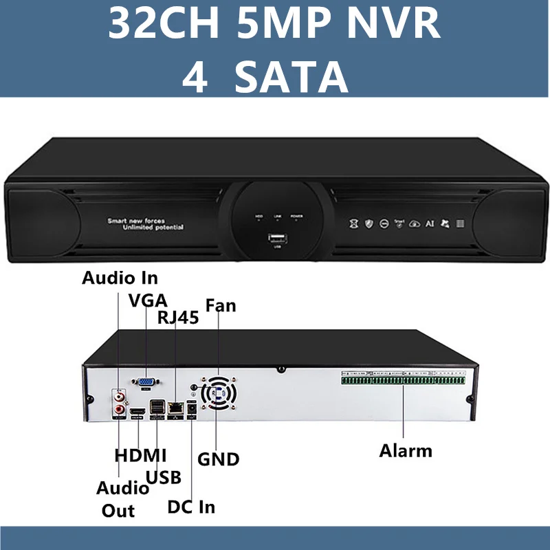 Сетевой цифровой видеорегистратор 32 канала 5 Мп H.265 NVR DVR 4 SATA Max 4*8 ТБ для IP камер Onvif