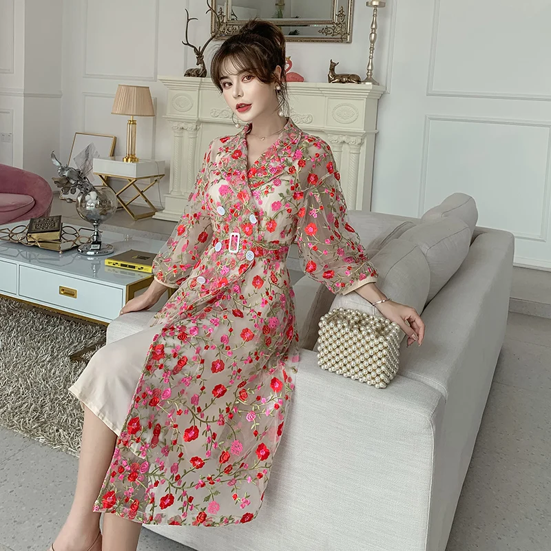 

High Quality Designer Runway Spring Vintage Flower Embroidery Party Dress Women's Suit Neck Mesh Perspective Midi Casual Dress