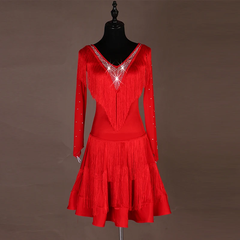 Lady Performance Dress Женщины Латинской Танцевальная Одежда Латинские Танцевальные Платья Девушки Камни Кисточкой Латинские Танцевальные Платья - Цвет: Красный
