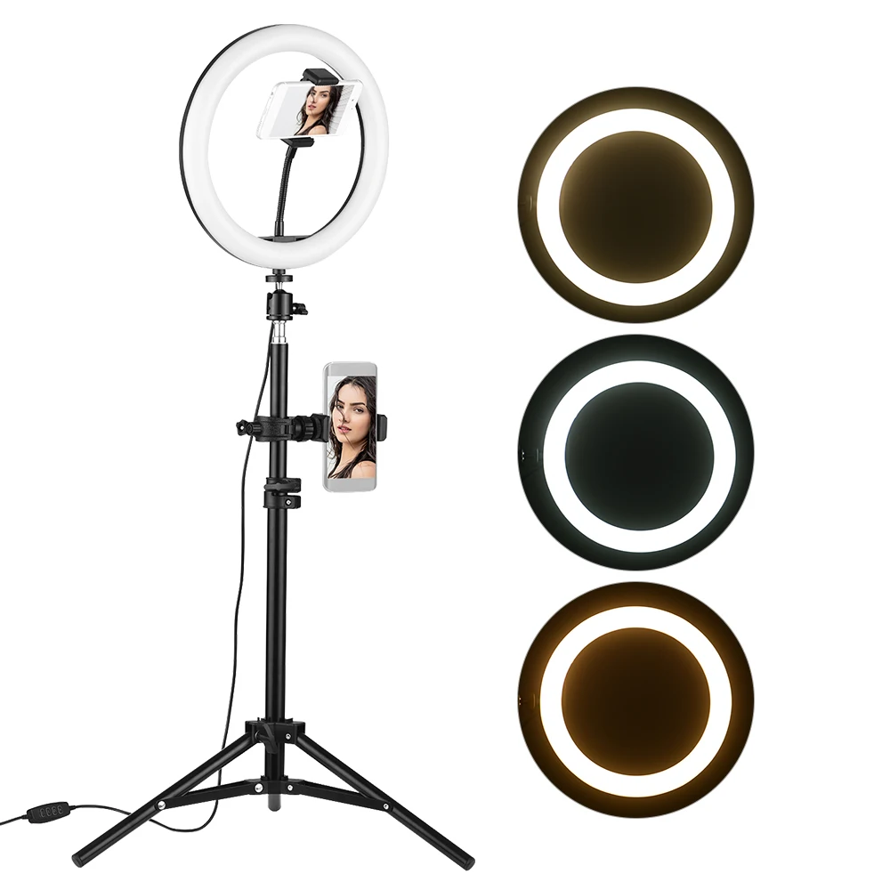 10 Inch LED Video Ring Light Lamp 3 Lighting Modes Dimmable USB Powered Phone Holder for YouTube Recording Selfie Ring Makeup