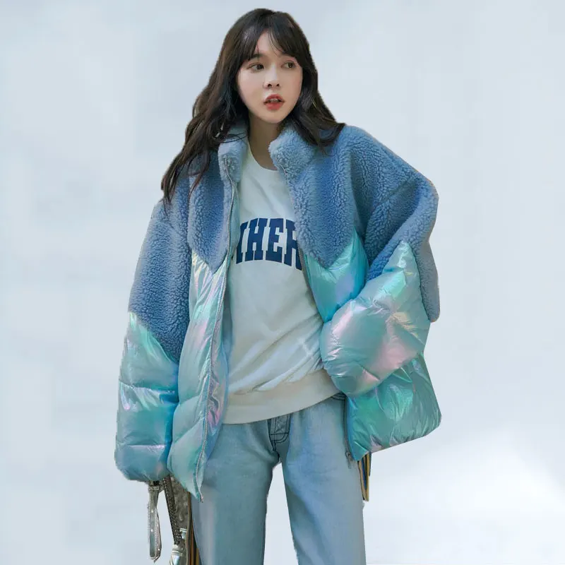 

Winter Coat Women 2019 Sheep Fur Streetwear Warm Short Style Fur Wool Collar Oversize Cotton Coat Patchwork Glossy Jacket Women