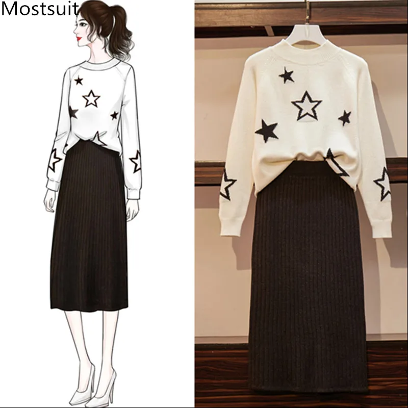 

Elegant Fashion Knit Two Piece Sets Women Plus Size Autumn Winter Skirt Set Suit Stars Sweater Tops And Skirt Tracksuit Outfit