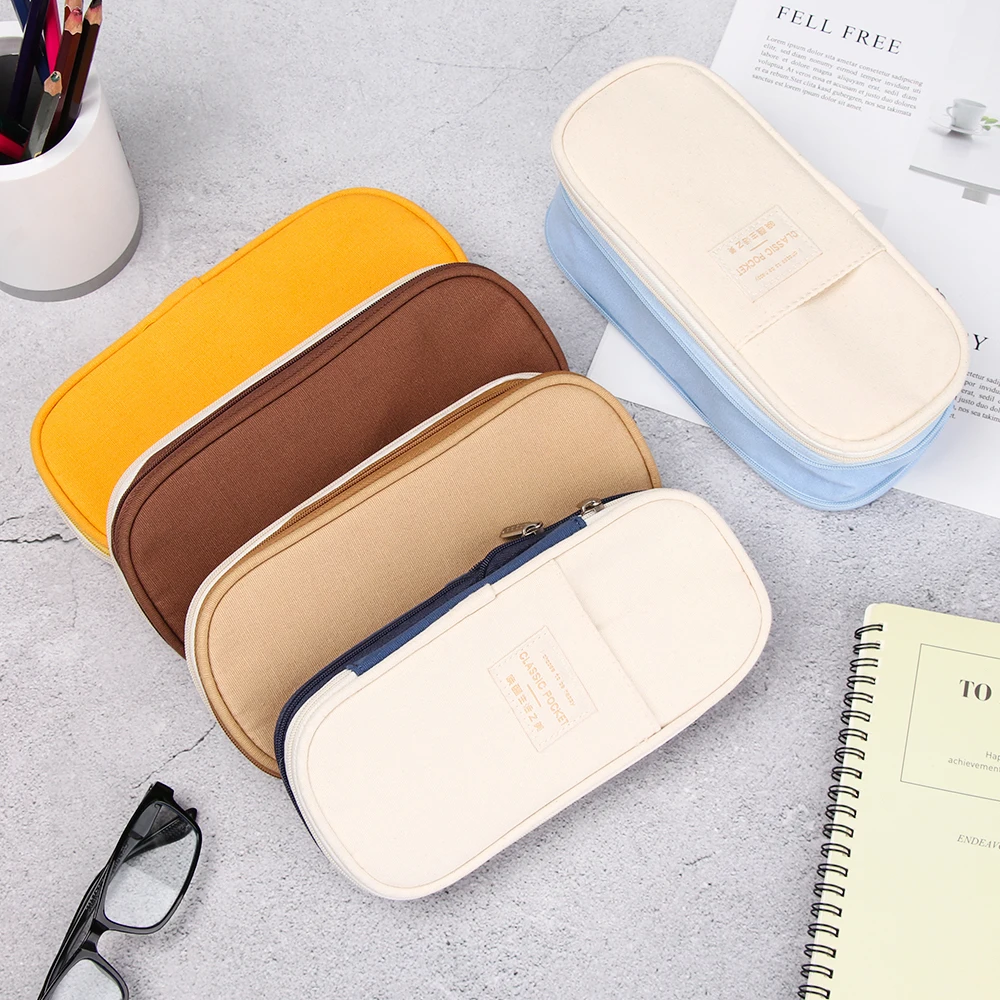 

1PC Large Capacity Pencil Case Macaron Color Canvas Double Layer Pen Pouch Pencil Bag Cosmetic Bags Stationery Storage Supplies
