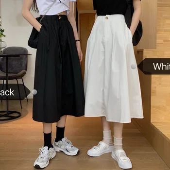 

Mazefeng 2020 Women Autumn Winter Pleated Midi A-Line Skirts Mid-Calf Empire Korean Style Elegant Fashion Solid Skirt One Size