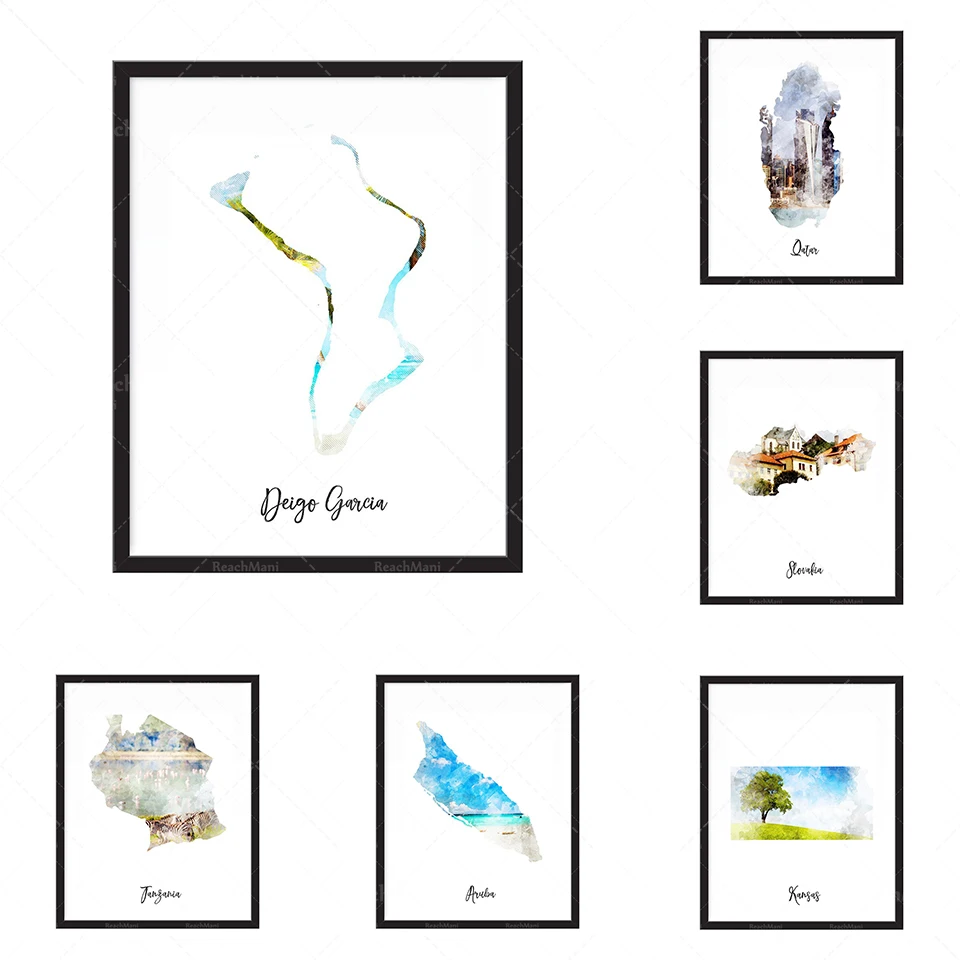 Impression De Carte Aquarelle Qatar-Etat, Carte Paga, Carte, Voyage, Impression, Affiche Murale Art Home Decor Grand Mur Art G