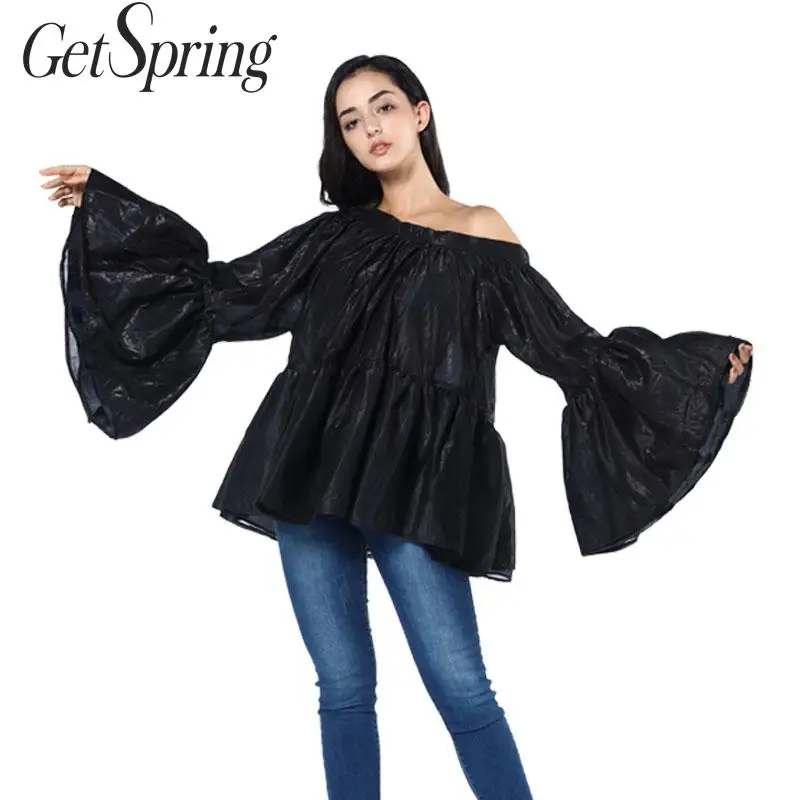 

GETSPRING Women Shirt Slash Neck Flare Sleeve Cotton Tops Blouses Irregular Off The Shoulder Tops Women Black 2019 New Fashion