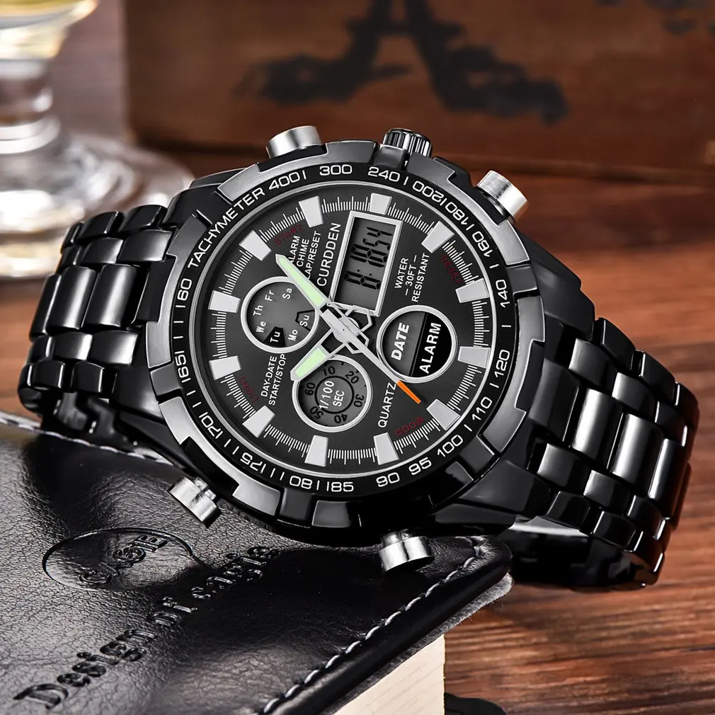 

Mens Watches Stainless Steel Sports Watch Double Display Analog Digital New Fashion Digital Men Full Steel Led Watch 3 colors