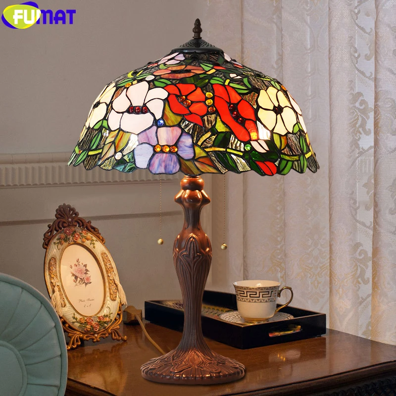 8004 FUMAT Tiffany Rose Flower Stained Glass Table Lamp Pearl Morning Glory Desk Light Alloy Frame Home Decor LED Lights