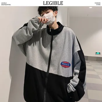 

LEGIBLE Korean Men Hoodies Zipper Patchwork Hoodies Mens Sportwear Male Streetwear Loose Harajuku Hoodies Sweatshirts Men