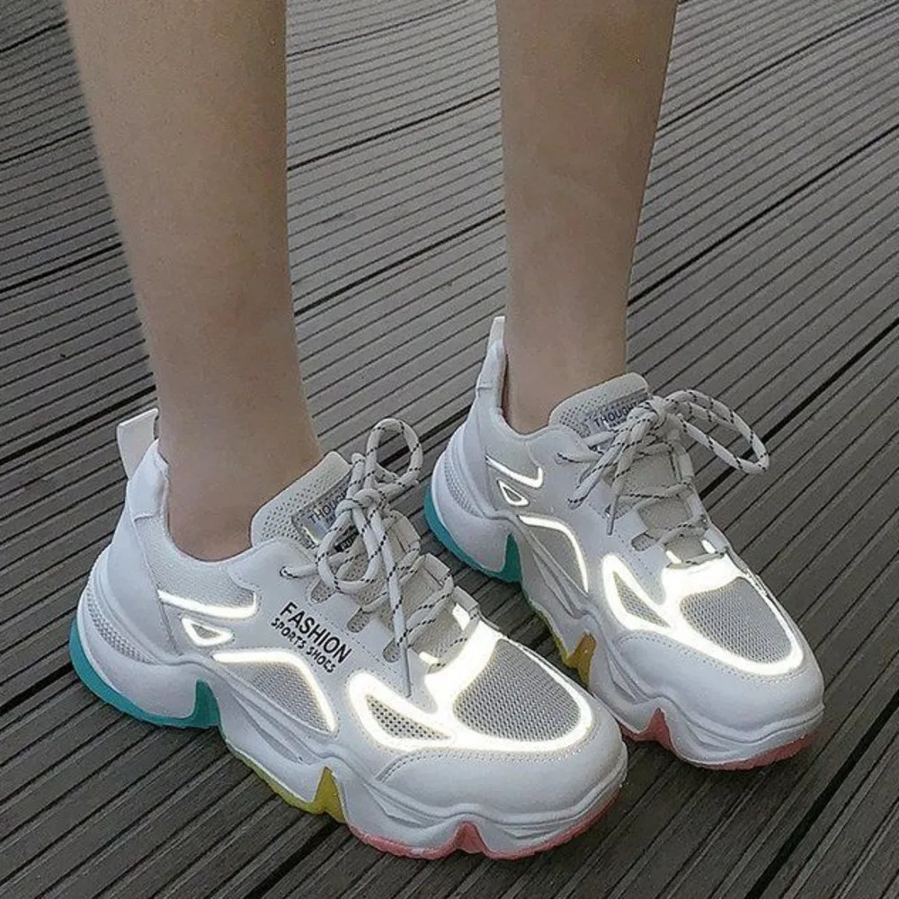 

Women Platform Sneakers Bling Patchwork Fashion Ladies Jelly Shoes Reflective Rainbow Rubber White Multi Casual Summer Loafers