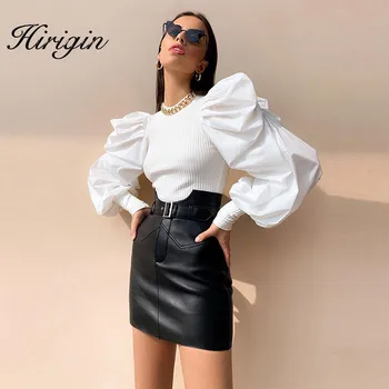 

Patchwork Knitting Women's Sweaters O Neck Puff Sleeve Ruched Streetwear Female Sweater Autumn Fashion New 2019