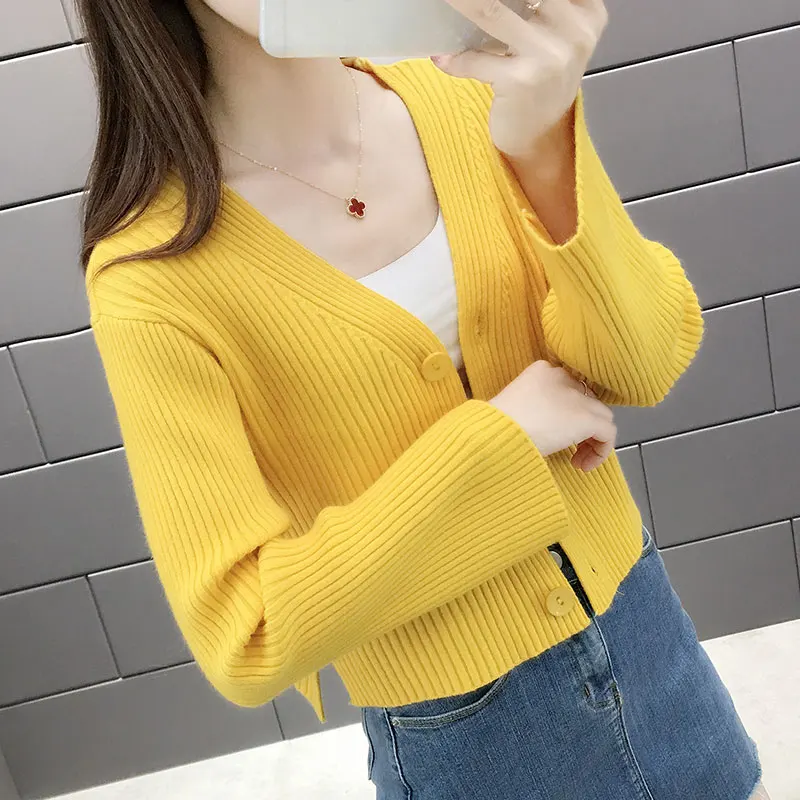

2019 Korean version V-neck elastic single-row button cardigan ladies long sleeve slim short sweater -d0920