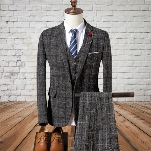 Модные мужские повседневные деловые костюмы наборы/мужской клетчатый пиджак с одной пуговицей блейзеры пальто брюки жилет - Цвет: Темно-серый