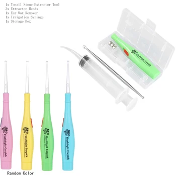 

2019 Tonsil Stone Remover Tools LED Light Ear Wax Remover Stainless Steel Earpick With 3 Tips Irrigator Syringe Clean Care Tool
