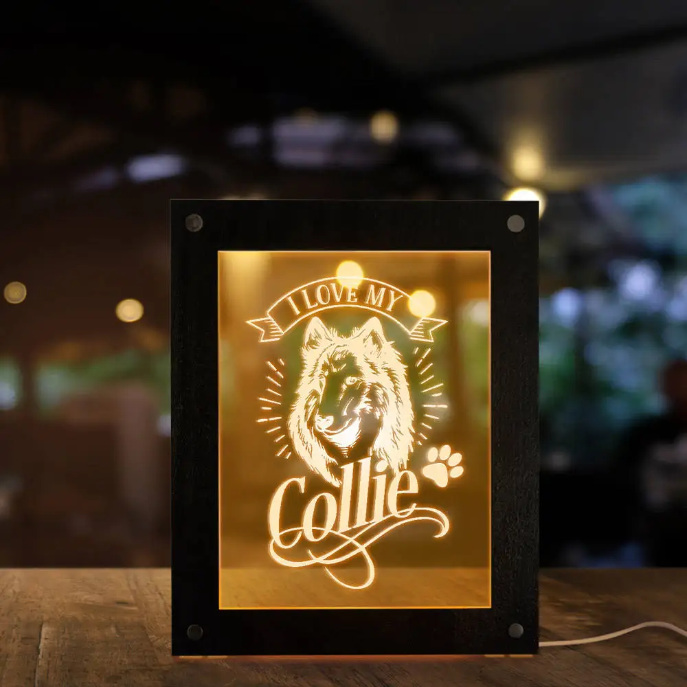 

I Love my Collie Scottish Sheepdog Wooden LED Night Light Display Frame Border Collie Silhouette Sleepy Light Kids Room Decor