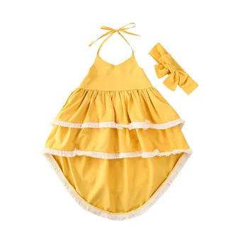 

Kids Baby Girls Fashion Dress Yellow Princess Backless V-neck Dress Outfit Sleeveless Tassel Two-layer Dresses and Headband Set