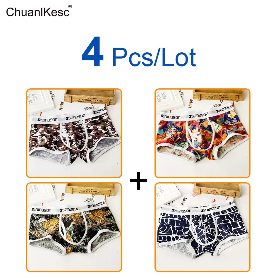 

4 pcs/lot Cotton men's underwear boxer pants Korean personalized print pants fork youth boxer pants 2020 NEW