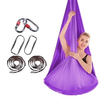 

1 Set of 7 Pieces Elastic Aerial Yoga Hammock Indoor Silk Anti-Gravity Yoga Knot-Free Including Buckle and Rope