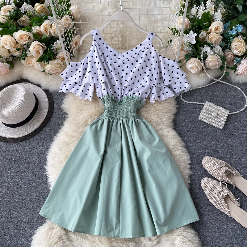 Boho Ruffles sexy Off shoulder polka dot print patchwork Summer short Dress Women slim waist dress casual a-line beach dress