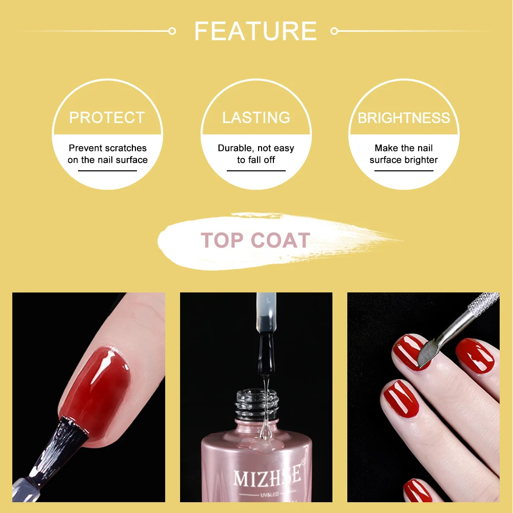 MIZHSE 10ML Top Coat UV Gel Nail Polish Permanent LED Gel Nail Art Soak off Hybrid Varnishes 3