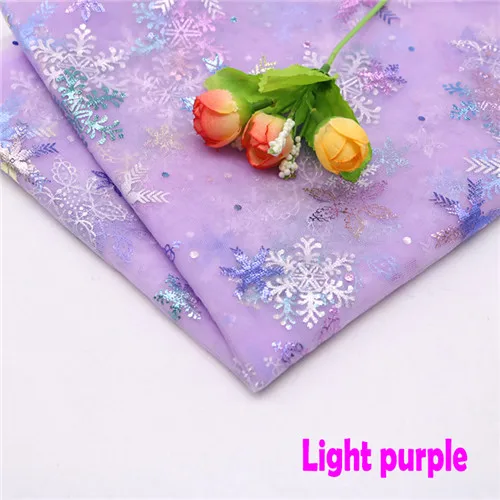150cmx100cm Colorful Snowflake Soft Tulle Fabric Princess Dress Glitter Fabric New Year Organza Printed Bronzing Fabric Light purple