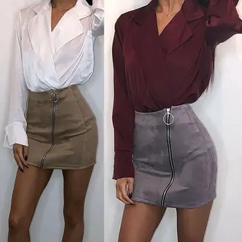 

2019 Women High Waist Suede Leather Pocket Preppy Short Mini Skirts Zip Up