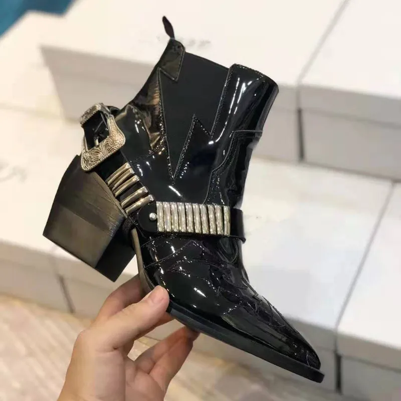 Scarpe donna/женские ботинки; Botines Mujer; обувь в стиле панк из лакированной кожи; chaussures femme; Ботинки Челси с острым носком; женские ботинки с пряжкой - Цвет: AS SHOW