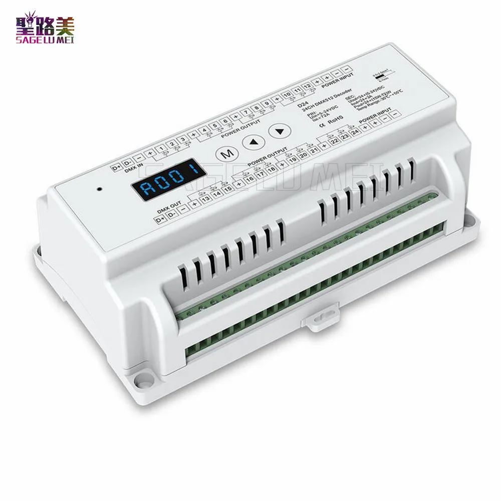 New D24 DC5V-24V input;;3A*24CH output display Din rail constant voltage 24 Channel 24CH CV DMX512 Decoder RGB Strip controller