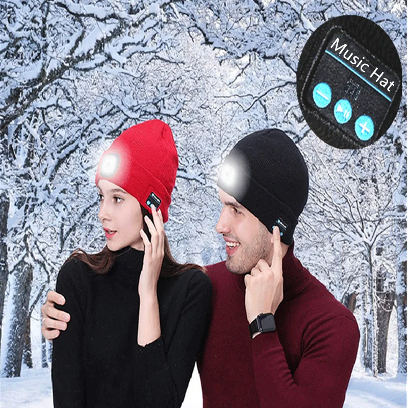 

Winter Fashion Warm Knitted Hat LED Lamp Sport Bluetooth Earphones Music Hat Night Running Wireless Headphones Light Cap Speaker