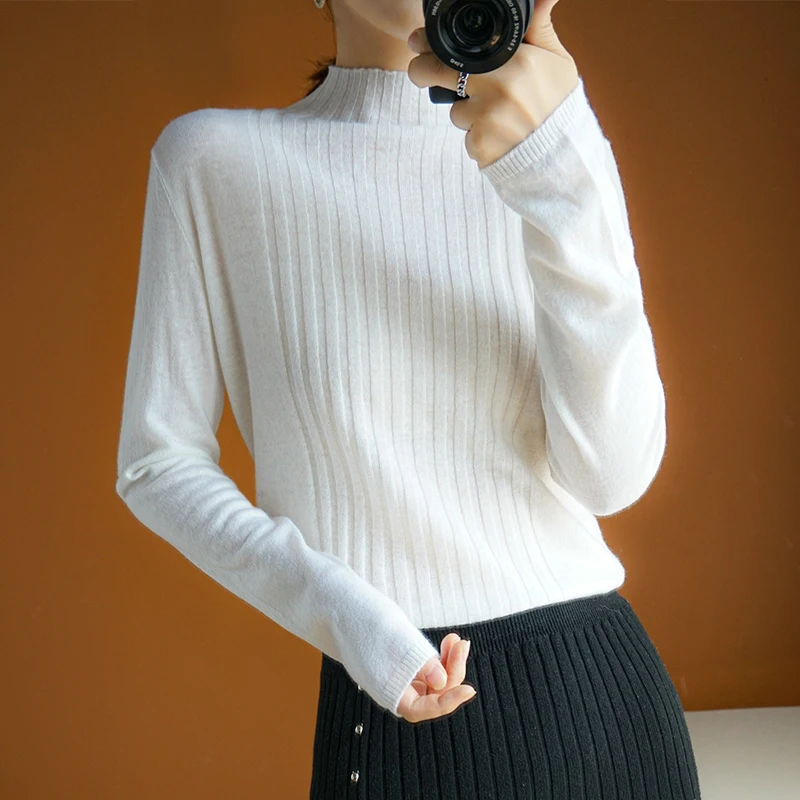 

women pullover sweater cashmere wool striped turtleneck thin long sleeves short slim fashion elegant jacket knitted tops